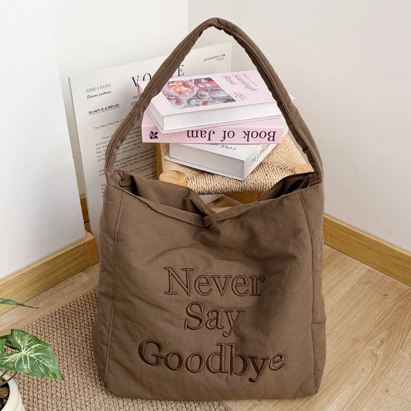 

High Quality Letter Embroidery Nylon Women's Shoulder Bags Large Capacity Female Handbag Simple Solid Color Ladies Shopping Bag