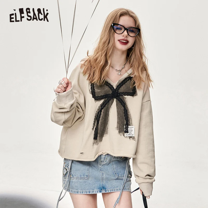 

ELFSACK v-neck pullovers hooded color contrast long sleeve sweet top for women 2024 new large bow ripped designation fashion cot