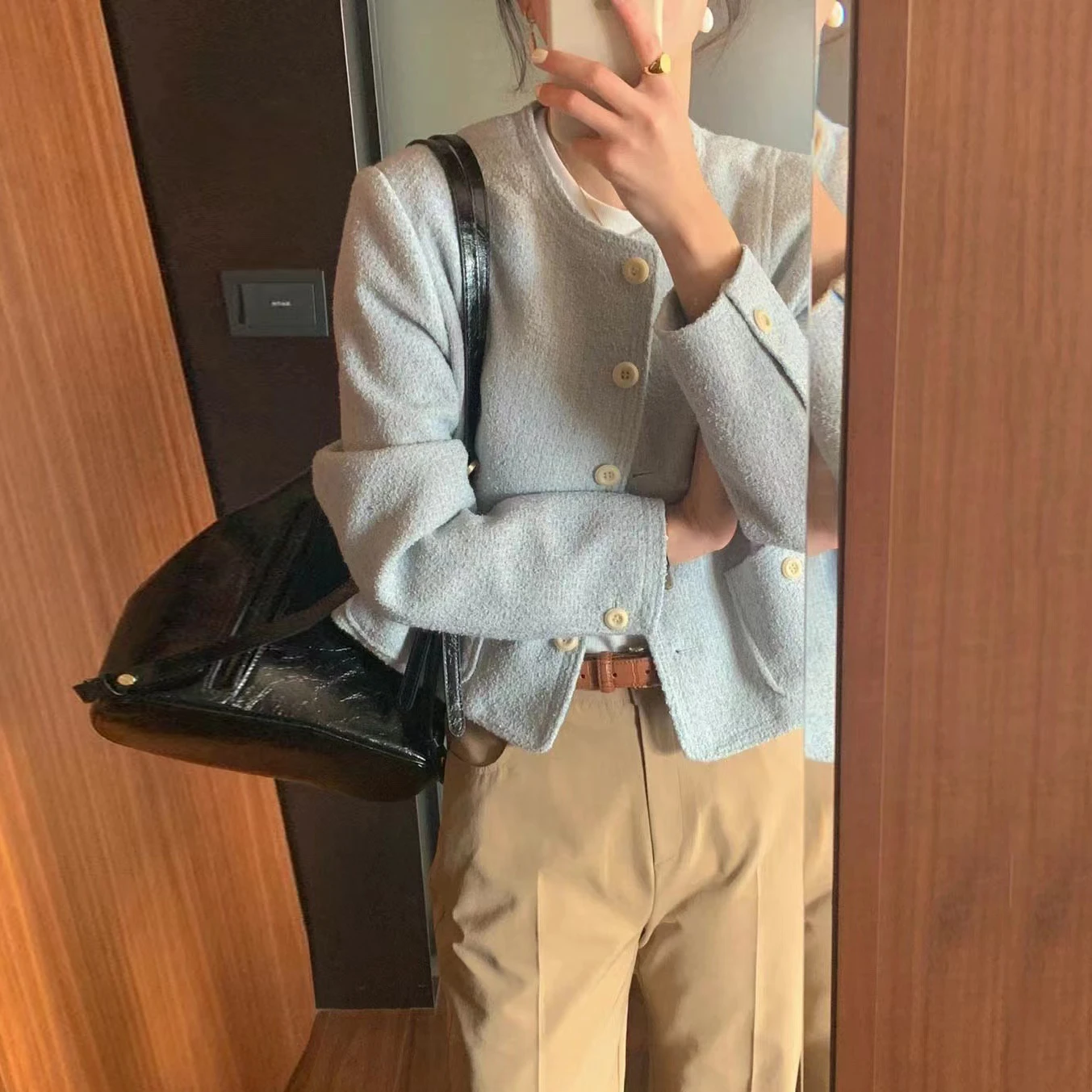 Retro round Neck Elegant Single Button Loose Versatile Long Sleeve Short Coat Women's Business Suit Polyester Fiber Batwing S...