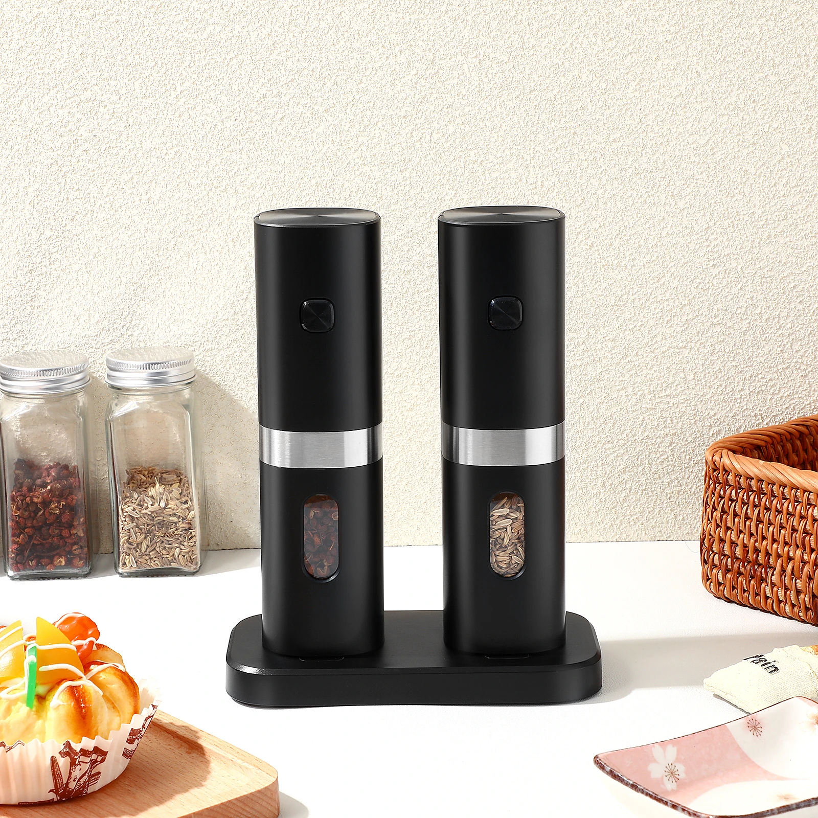 

2pcs Pepper Grinders Adjustable 5-Level Coarseness Stainless Steel Abs Easy Clean Portable Compact