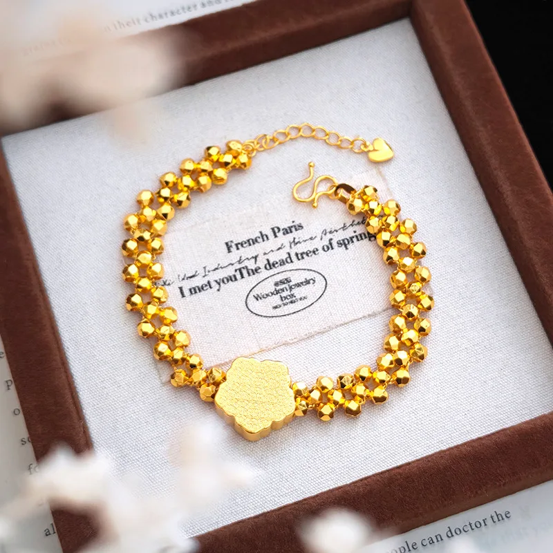 Luxury 24K 9999 Pure Gold real gold Women's Point Drill Brushed Five-petal Flower Didi Bead Woven Bracelet