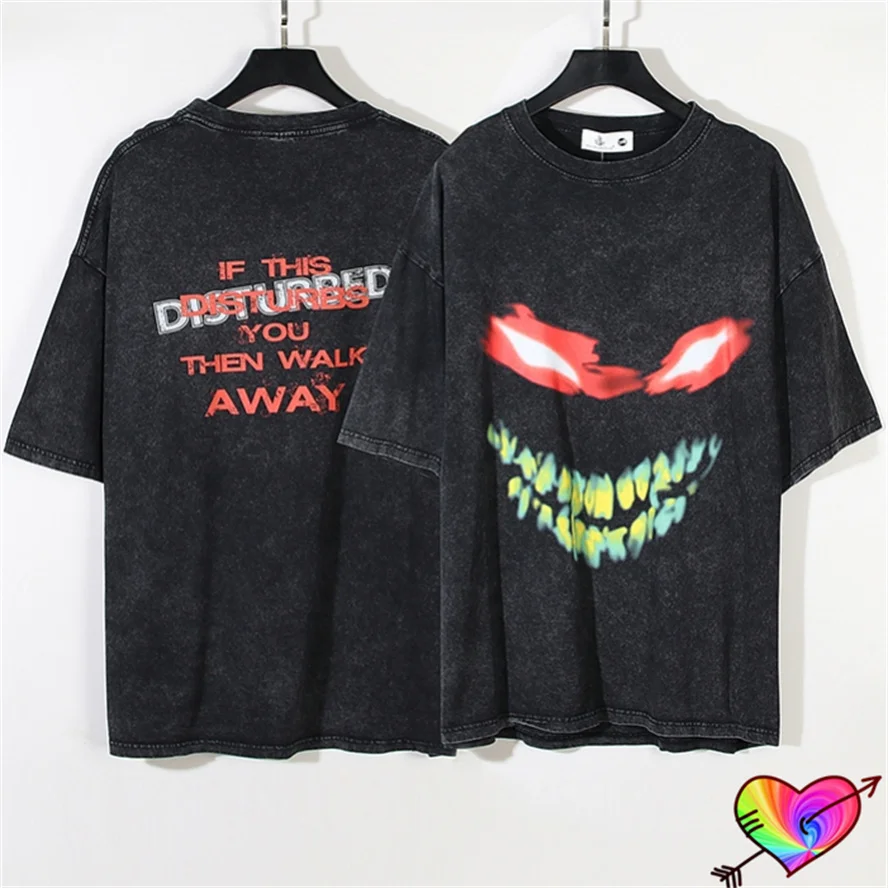 High Quality Vintage Black Demon Tee Men Women Wash Devil T-shirt Disturbed Logo Tops Monster Short Sleeve