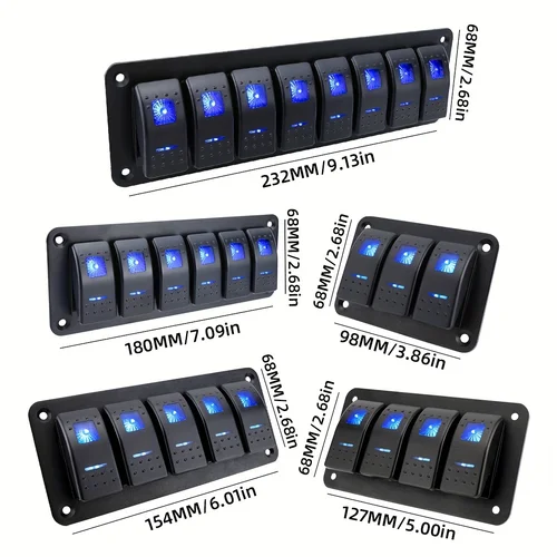Imagen 2 del producto Panel de interruptor basculante de 3 grupos, 4 grupos, 5 grupos, 6 grupos, 8 grupos, 5 pines, adecuado para coches de 12 V/24 V, barcos, remolques ATV, azul