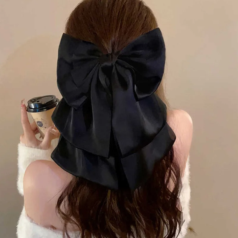 Fashion Ribbon Bow Hair Claw Clip Black Satin Big Bow Shark Clip Hairpin for Women Girl Headdress Hair Accessories