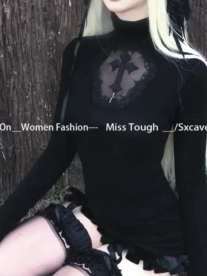 High Neck Schwarz Gothic Tees Kreuz Hohl Abnehmen Unten Gestricktes Hemd Frauen Halloween Sexy Y2k T-shirt Frauen Tops BCS4