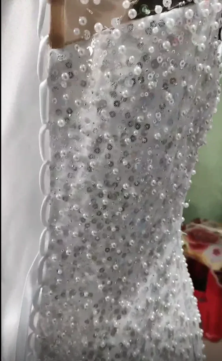 Customized Full Sequins Pearls Mermaid Wedding Dresses for Bride 2024 Cap Sleeves Real Cascading Ruffles  Bridal Gowns