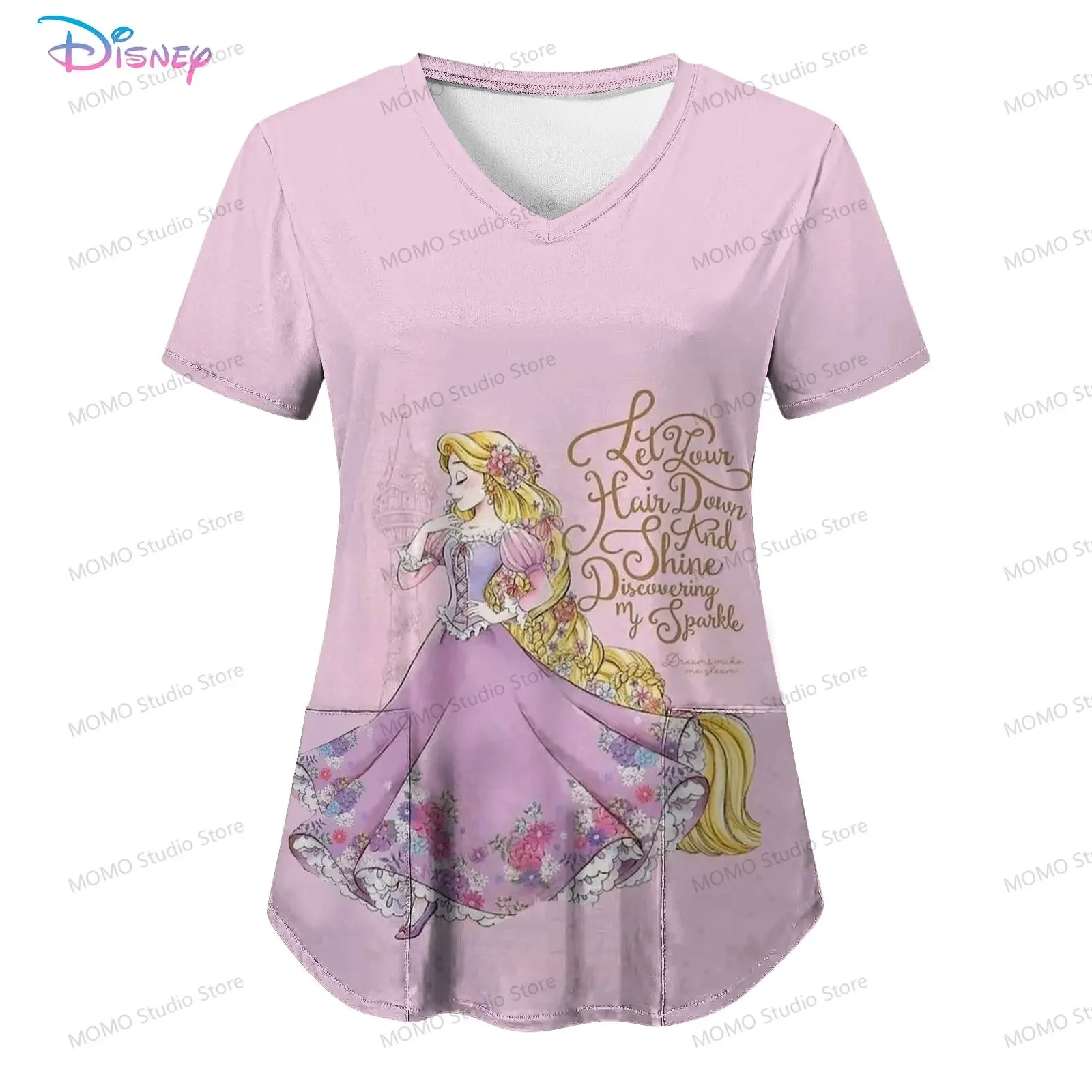 Uniforme d'infirmière à col en V pour femmes, T-Shirt de princesse Disney avec poche, vêtements pour jeunes femmes, hauts Street Wear Kawaii 2025, été Y2k
