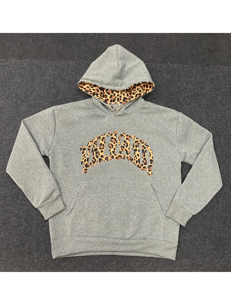 2025y2k lined leopard print letter embroidered street casual pants, men's and women's versatile hooded sweatshirt