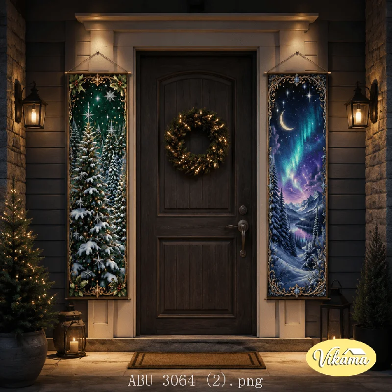 VIKAMA Vintage Christmas Door Couplet Tapestry Snowy Pine Aurora Gingerbread Front Door Porch Entryway Home Holiday Decor