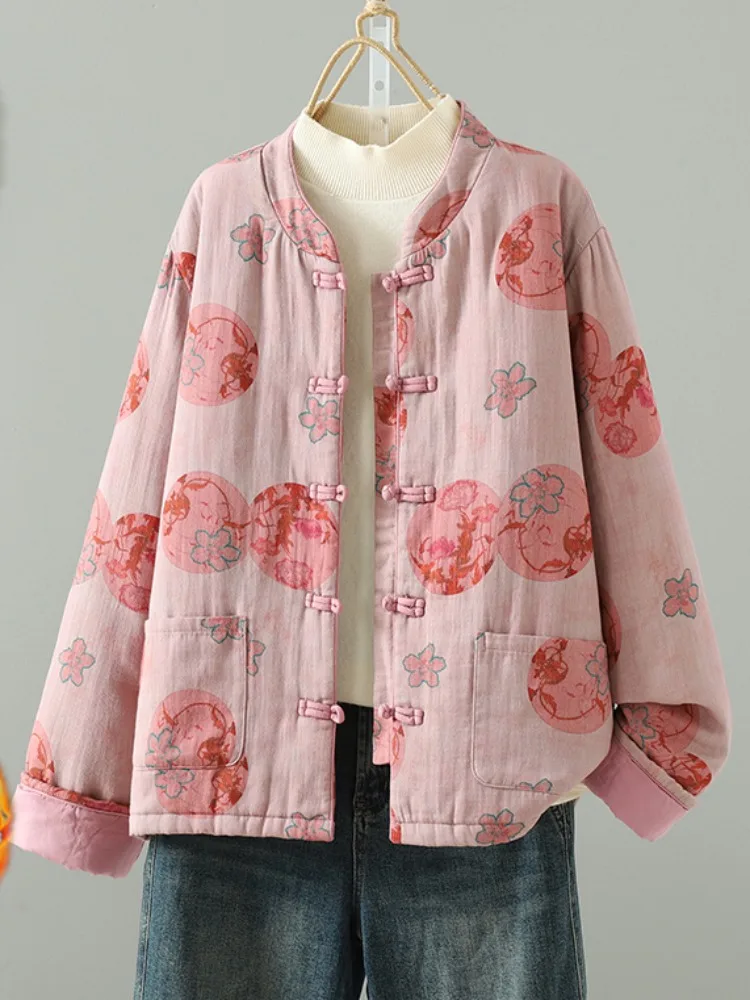 

Thiened Cotton Jaet Chinese Sle National Trend Cotton Linen Print Button Women's Winter Coat Warmth Anti-Aging Tang Cos...