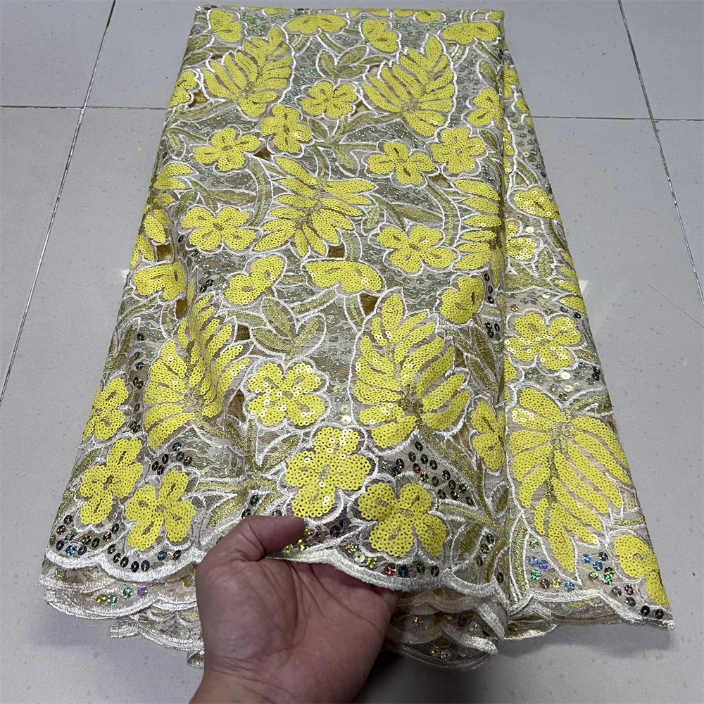 

2025 African Nigerian High-Quality Sequins Tulle for Prom Dresses Lace Fabric Embroidery Net Cloth Beads Sewing 5Yard ZJ052 053