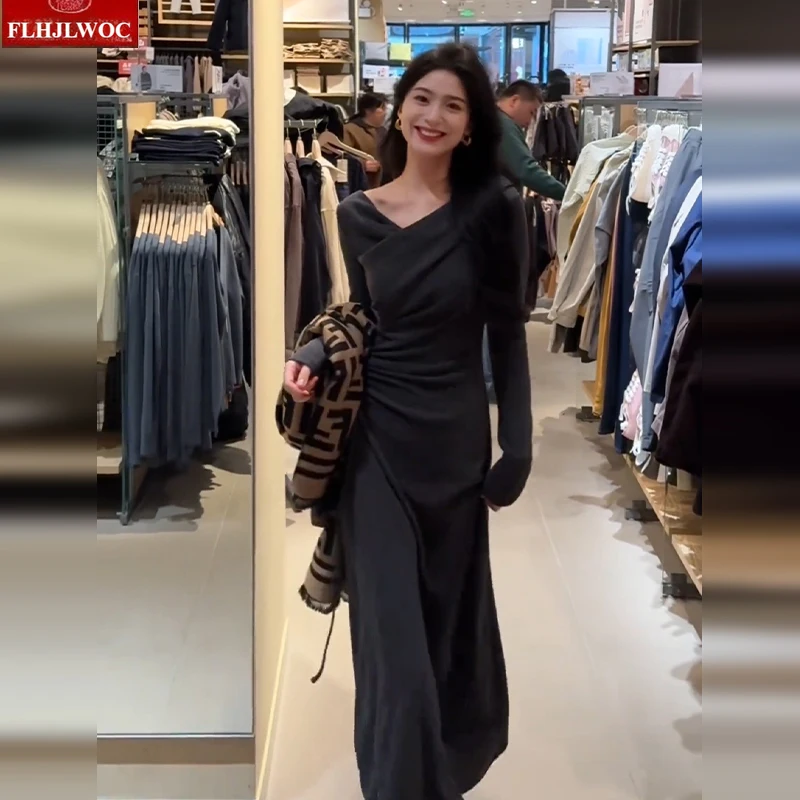 Frans ontwerp lange basisjurken nieuwe vrouw herfst winter lange mouw v-hals effen retro vintage t-shirt jurk vrouwelijke vestidos