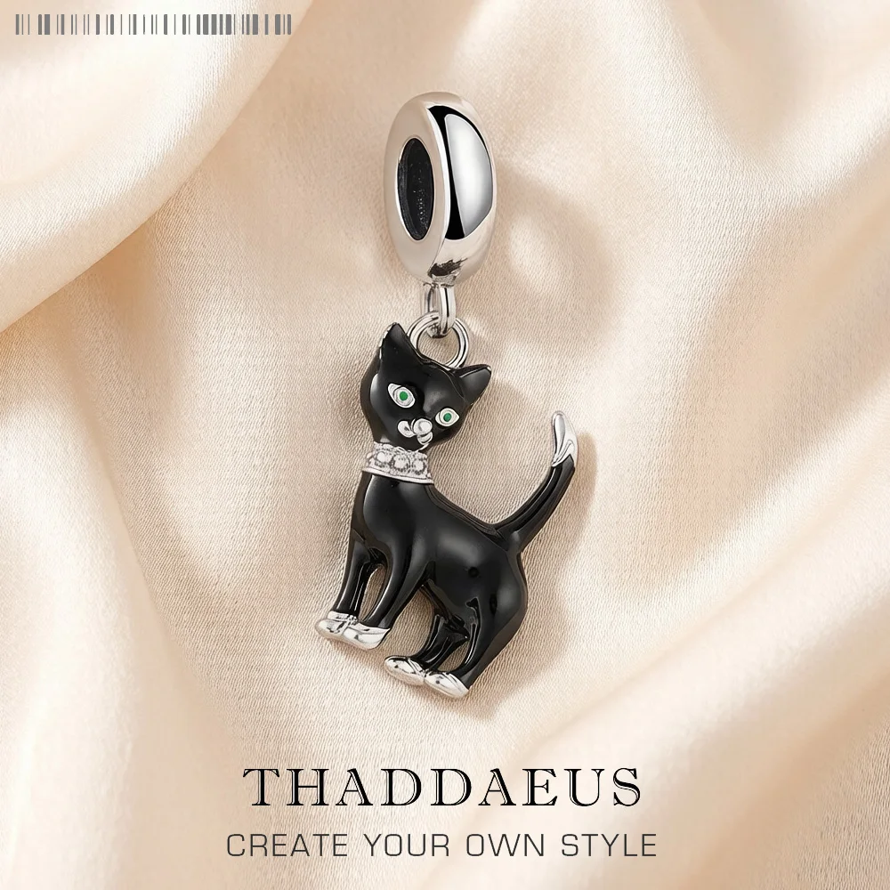 Baumelnder Charm-Anhänger, schwarze Katze, 925er Sterlingsilber, für Damen und Herren, Club, süßes Geschenk, DIY-Schmuck im europäischen Stil