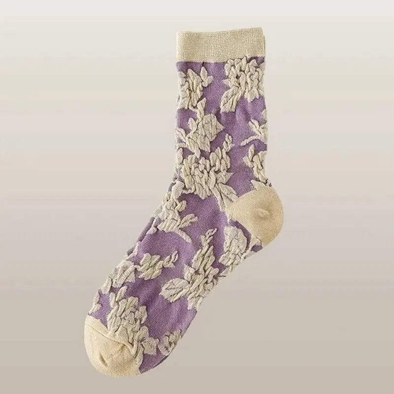 5/10 Pairs Relief Trendy All-match Personality Pattern Mid-tube Socks Retro Purple Small Flower 2024 New Three-dimensional Socks