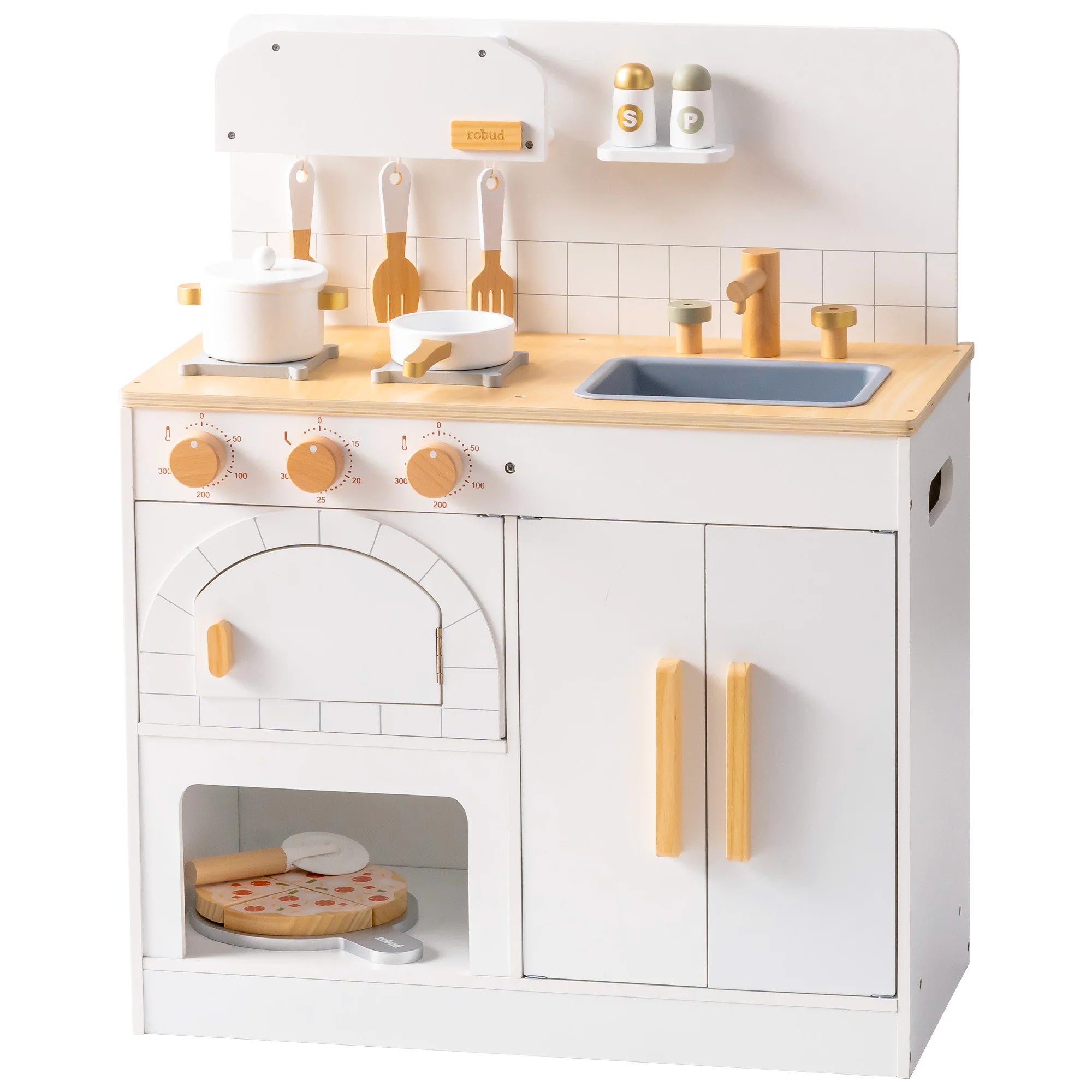 ROBUD Wooden Toy Kitchen for Kids Pizza Oven Play Kitchen Set with Cookware Pizza Cutter Spatula Faucet Stove Knobs Storage Cabinet Pretend Play Toy for Boys Girls Ages 3+