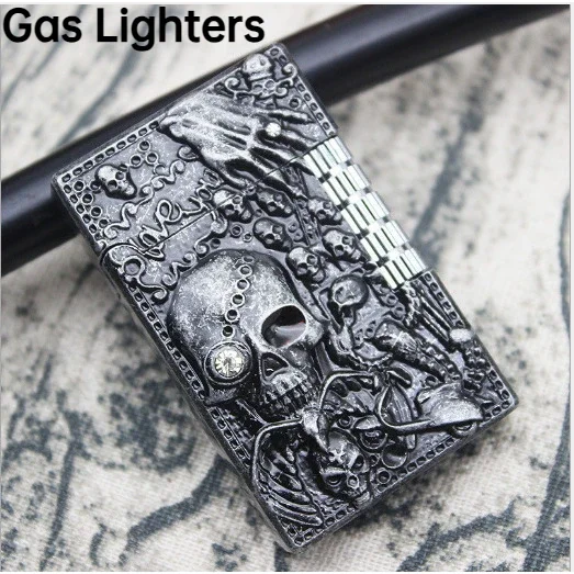 Skeleton Lang Sound Inflatable Lighter Creative Metal Embossed Ghost Head Double Drill Sand Wheel Flame Lighter High-grade Gift