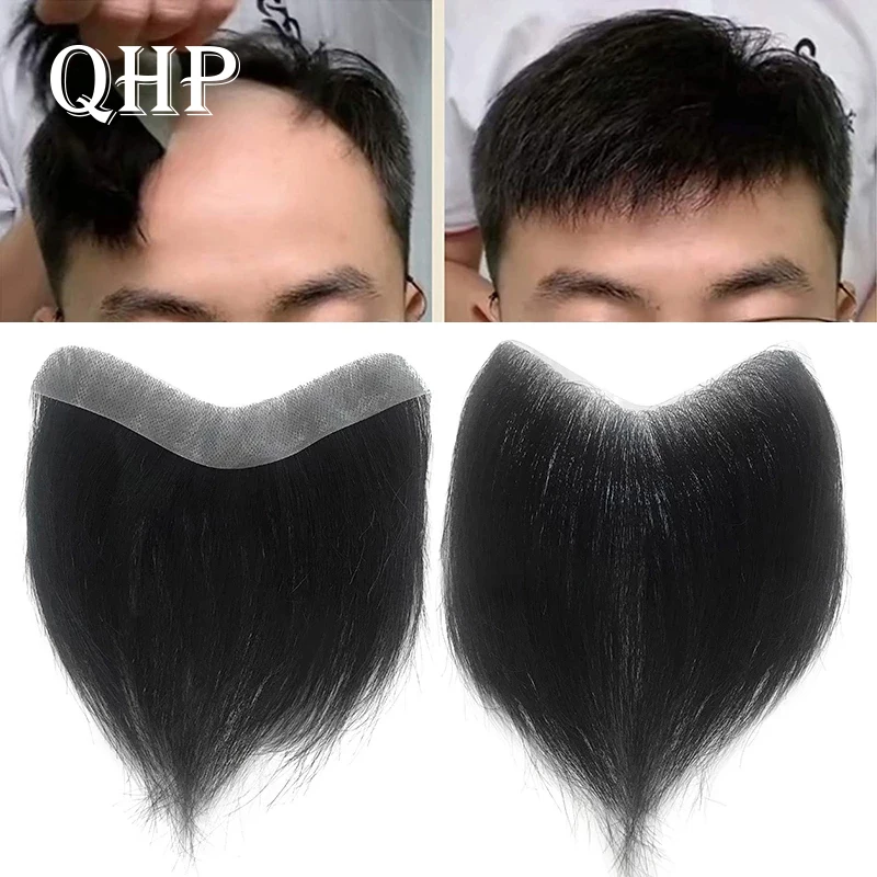 스트레이트 남성 Toupee V 스타일 정면 헤어라인 100% 인모, 모세관 보형물, 풀 스킨 헤어피스, 무료 배송 