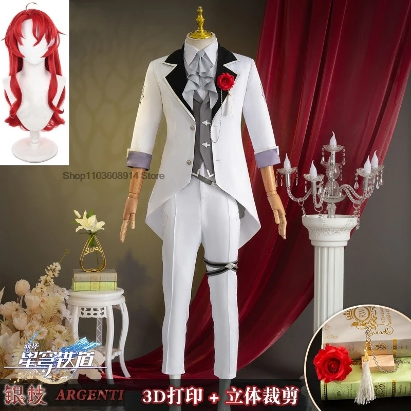 Argenti Cosplay Costume Wig Honkai Star Rail Concert 2024 Drummer Uniform Tuxedo White Suit Halloween Party Wear for Women Men