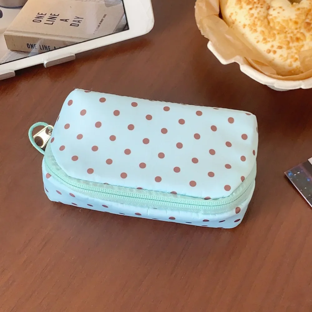 Durable Mint Green Small Makeup Bag Polka Dot Print Portable Lipstick Earphone Storage Bag Coin Purse Daily Use