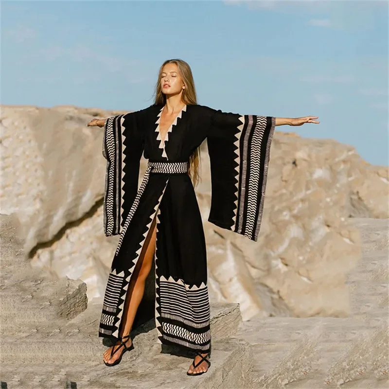 2024 Self Tight Black Embroidered Women kaftan kimono Tunic Summer Beach Dress Plus Size Beach Wear Swimsuit Cover Up outfits