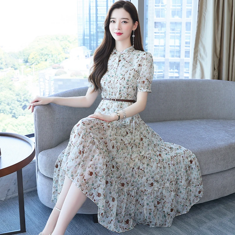 2024 New Floral Chiffon Short Sleeve Midi Dress Women Fashion Casual Boho  Beach Sundress Summer Elegant Office Lady Party Dress - AliExpress 200000345