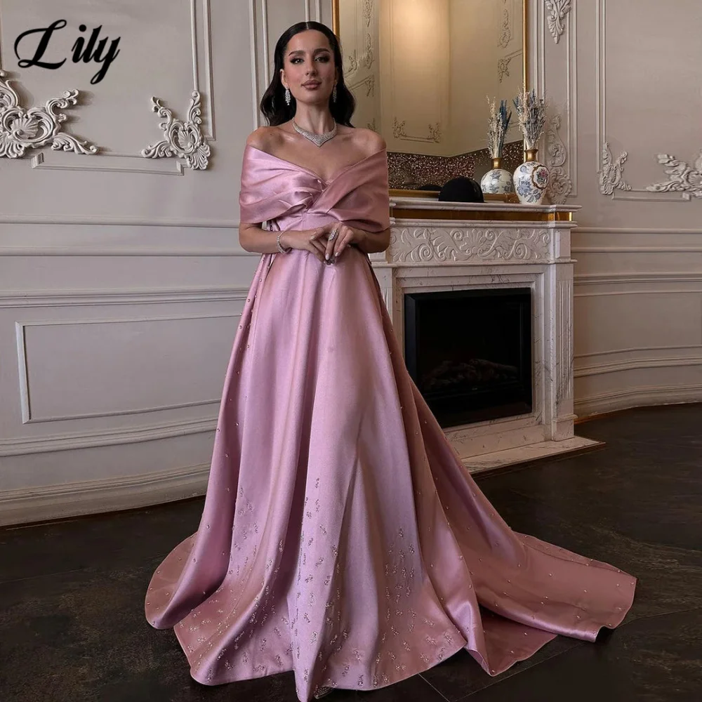 

Lily Pink Pearls Prom Gown V-Neck Off the Shoulder Prom Dresses Rhinestones Satin Pleated Trailing Evening Dresses Customized