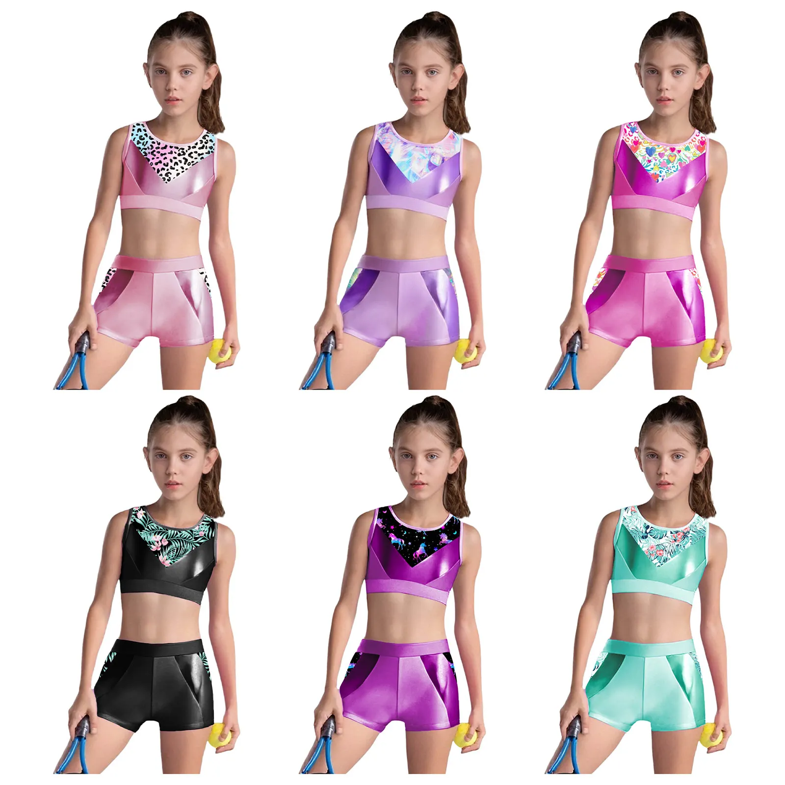 Childrens Sports Tracksuits Gymnastics Workout Sets Girls Metallic Printed Sleeveless Patchwork Crop Top Shorts Yoga Dancewear