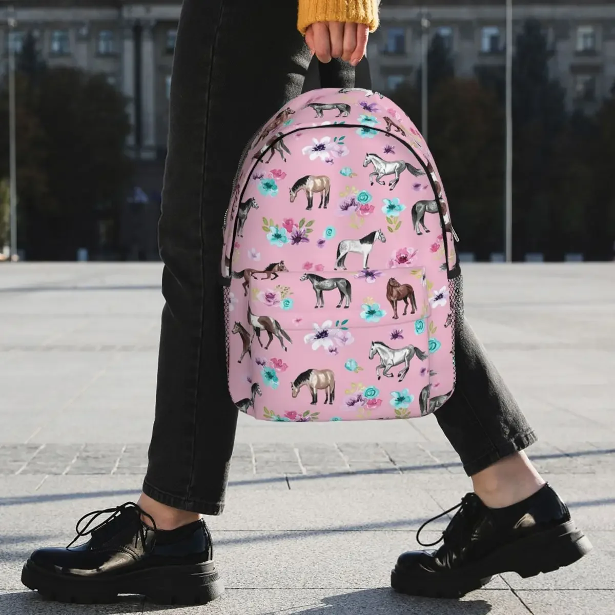 Oral aux et fleurs sur rose, sacs à dos d'art équestre, cartable pour adolescent, sacs d'école de dessin animé pour enfants, sac à dos pour ordinateur portable, sac initié