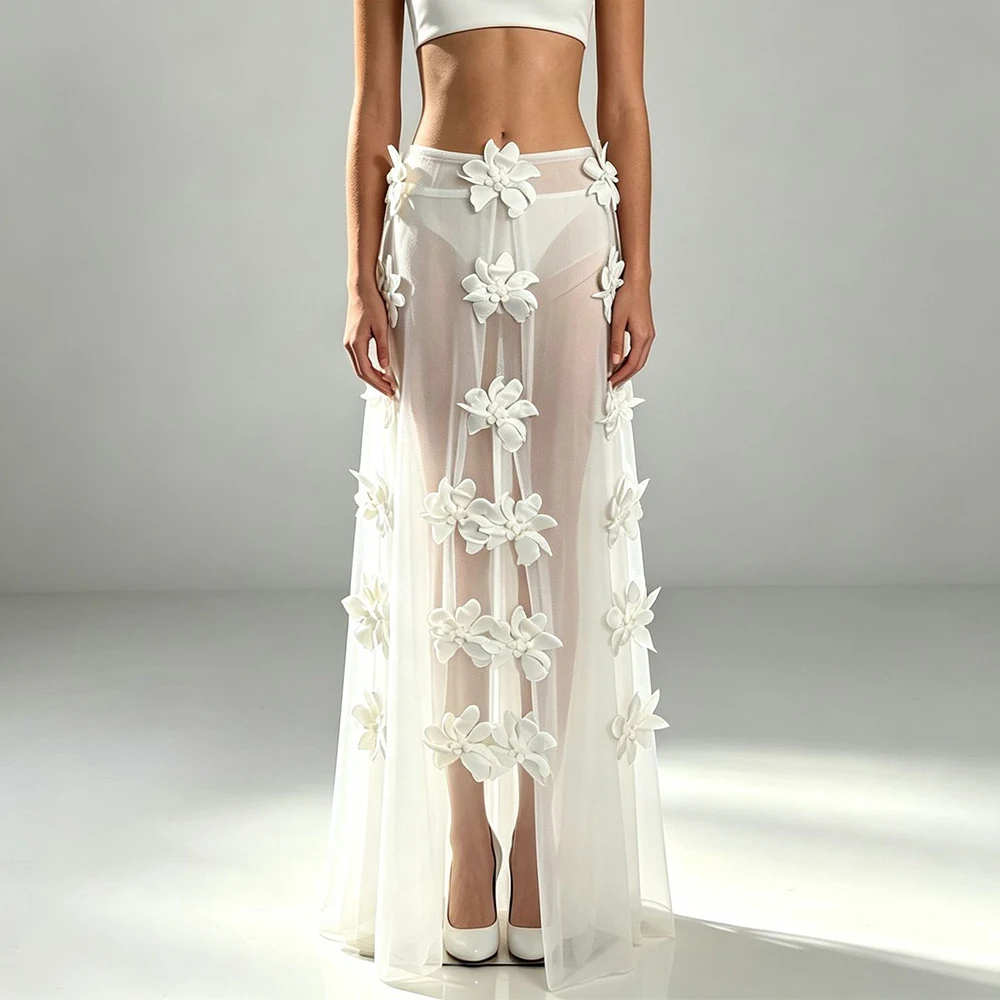 Fashionable White 3D Flower Sheer Maxi Dress Elegant Sexy See Through Long Skirt For Party Club Beach Vacation Prom Evening