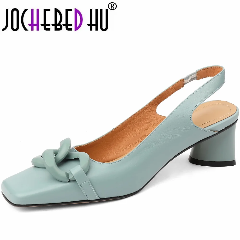 【JOCHEBED HU】new brand summer new style fashion women genuine personality leather buckle square toe thick heel shoes 34-43