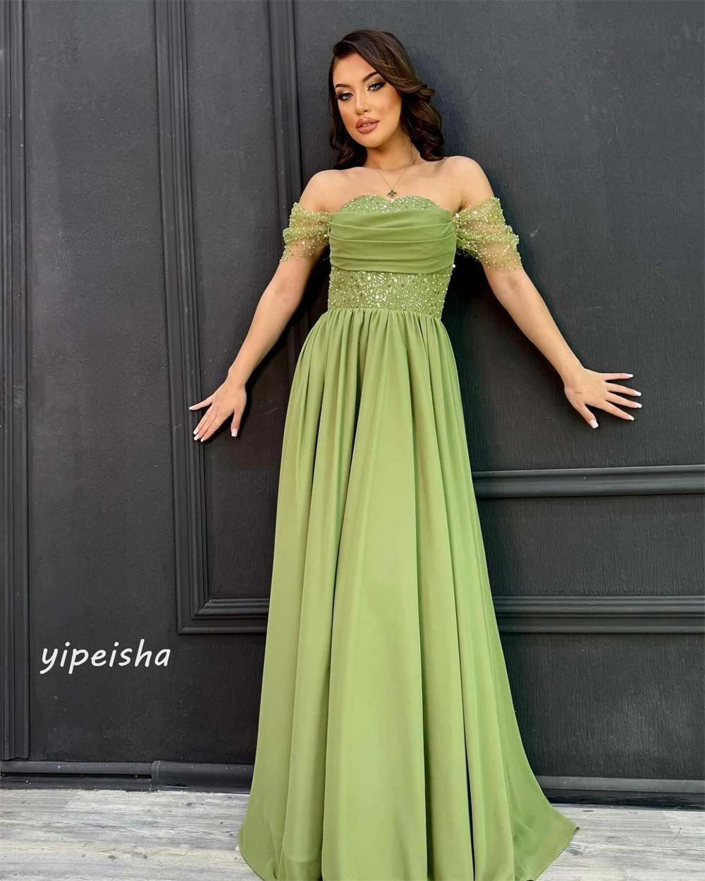 Customized Jersey Sequined Beading Ruched Evening A-line Off-the-shoulder Bespoke Occasion Gown Long Dresses