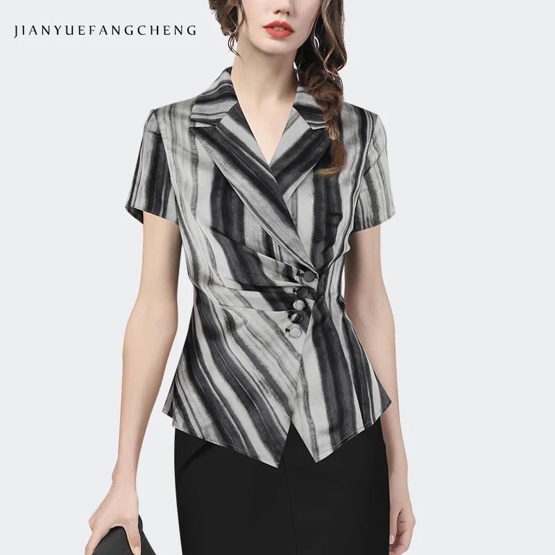 2024 Summer Satin Stripe Printed Shirt Top Women's Short Sleeve Suit Collar Cinched Waist Grey-black Slimming Blouses