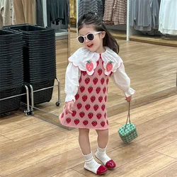 2024 Spring New Korean Children Wear Sweet Embroidered Collar Shirt Strawberry Wool Knitted Tank Top Girl Dress   Tide