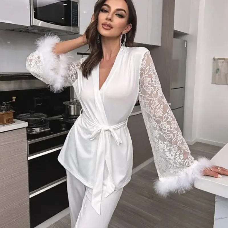 

2025 New Lace Sleeves Sexy V-neck Casual Outdoor Comfortable Sleepwear Elegant Women's Two-piece Set