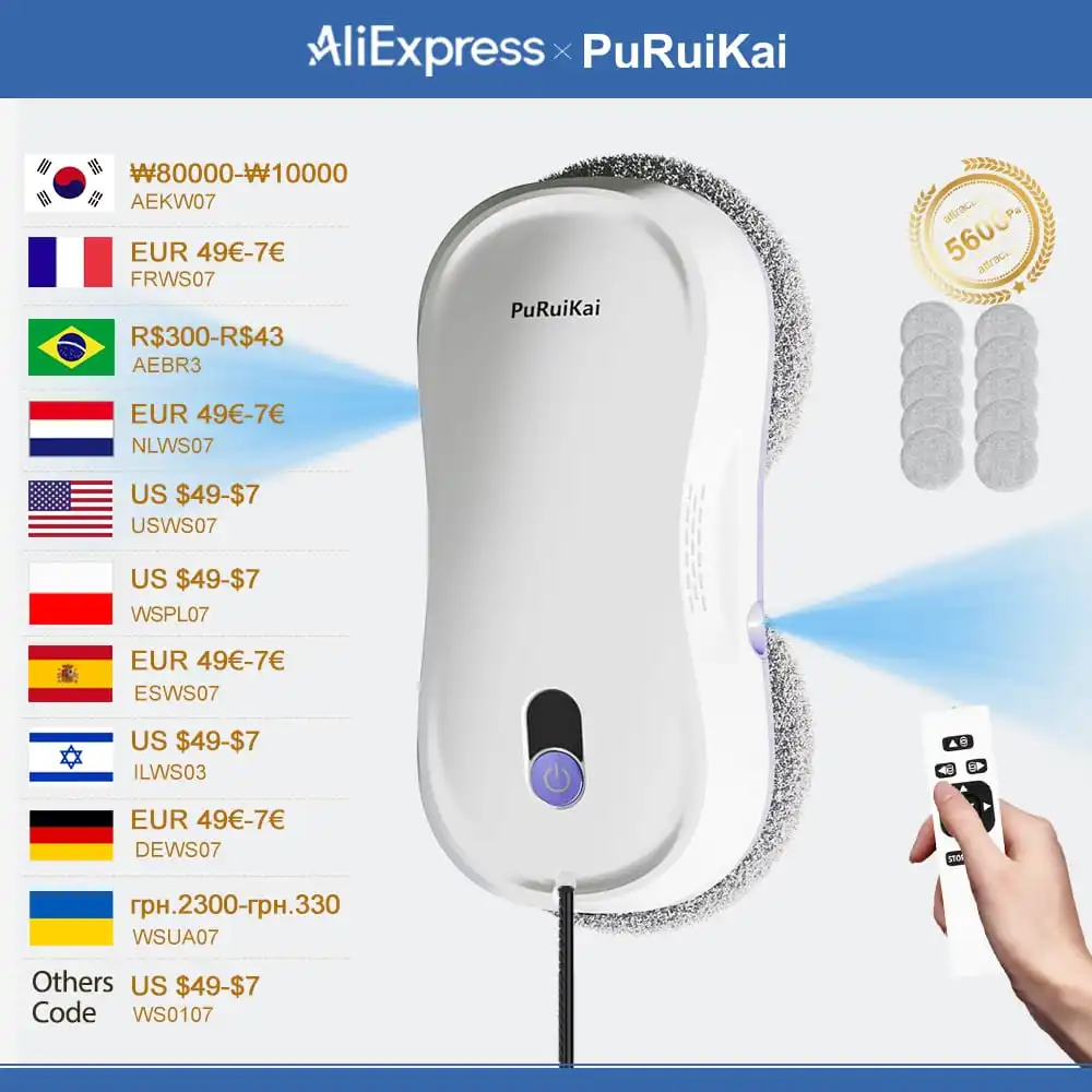 PuRuiKai Robot per la pulizia delle finestre automatico con doppio spruzzo automatico 5600Pa Rilevamento dei bordi del telecomando di aspirazione per la casa