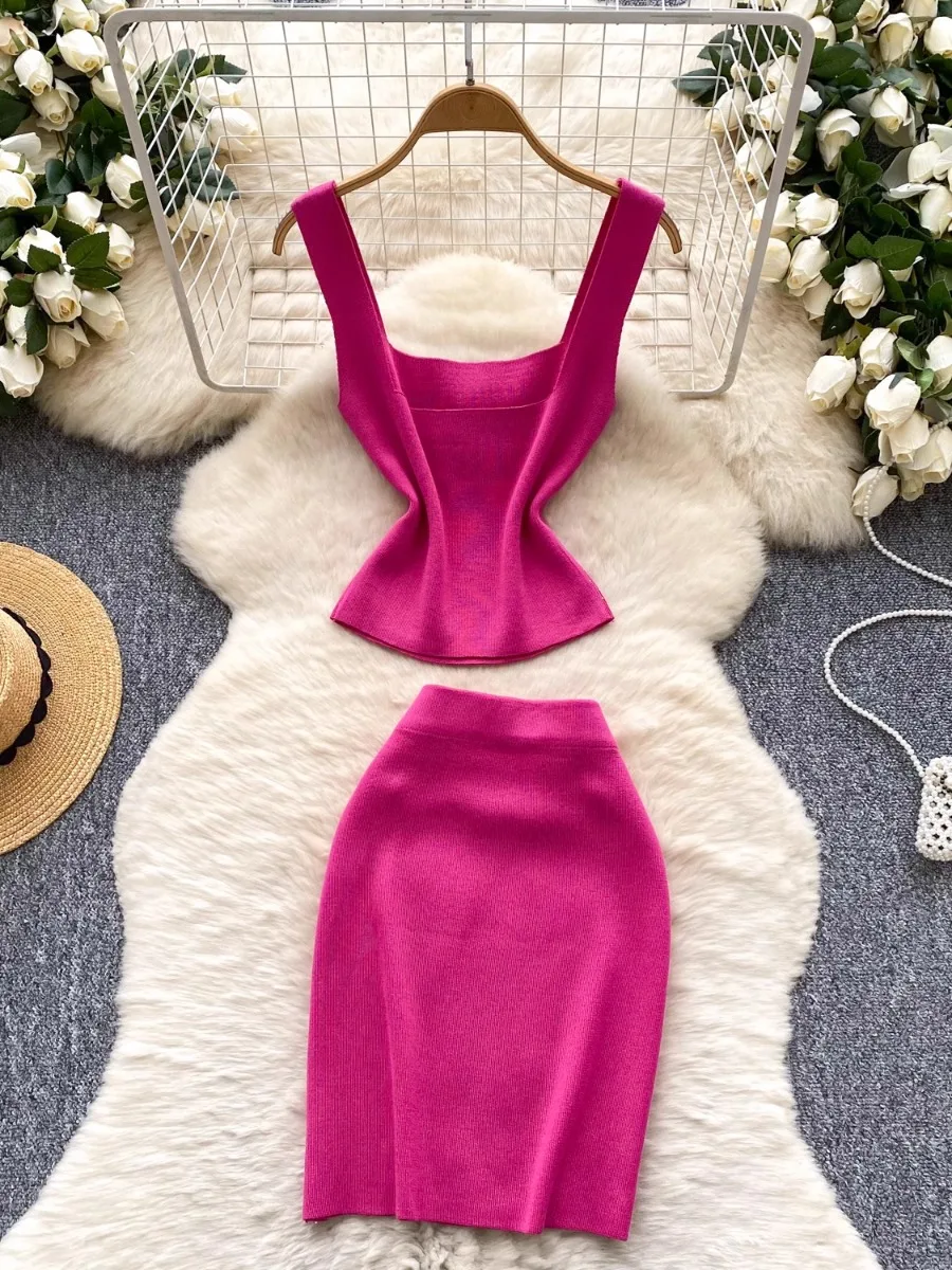 Mode Fuchsia Strass Stricken Zwei-Stück Set Frauen Square Neck Crop Top Bodycon Rock Party Date Schlank Outfit