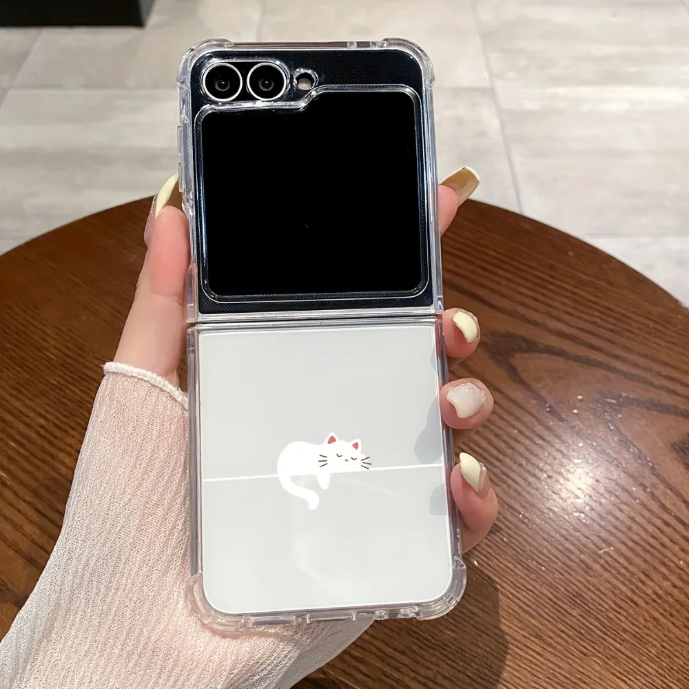 Line Cat White Cat Folding Phone Case Suitable for Samsung Galaxy Z Flip7 6 5 4 3 Shockproof TPU Back Cover