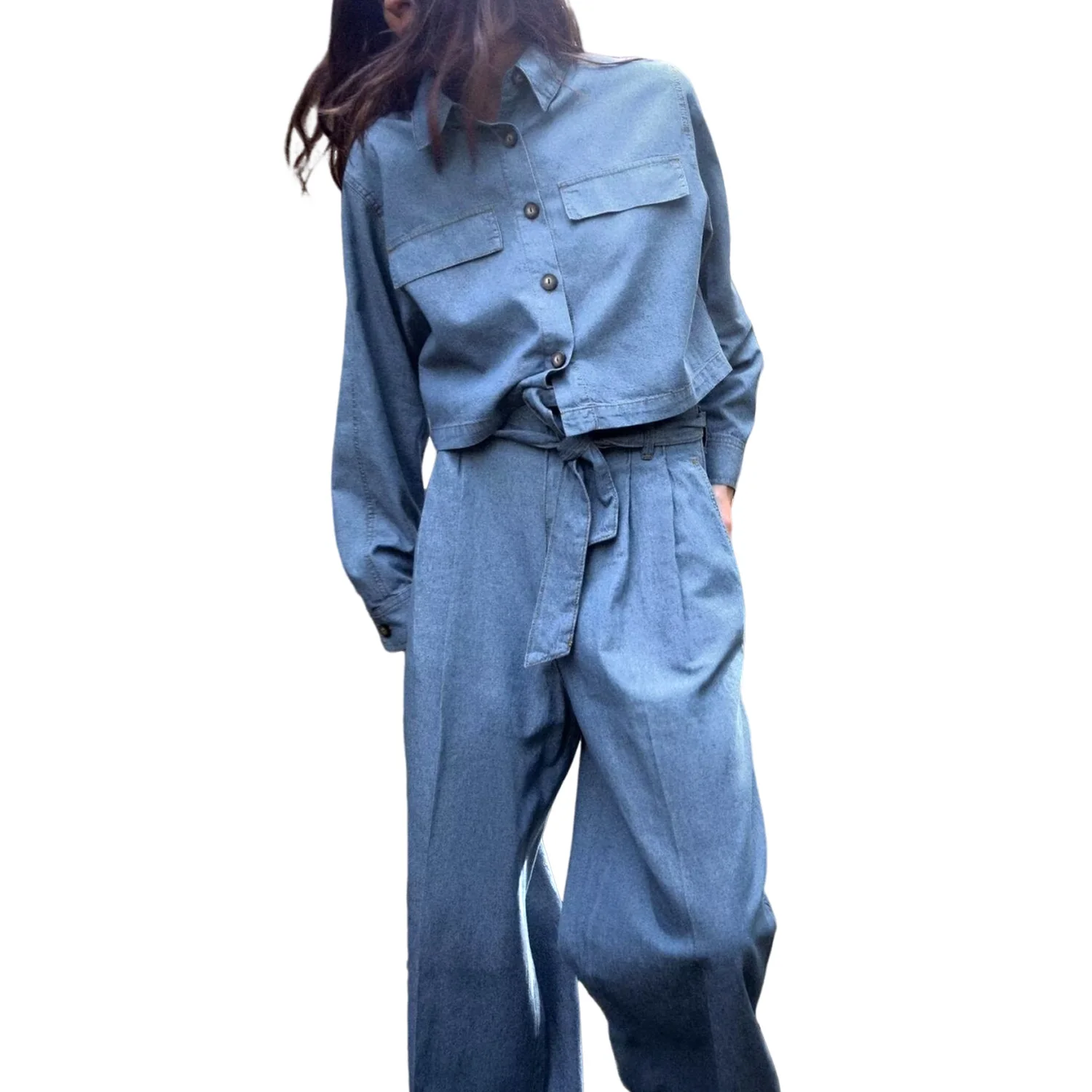 Women\'s Denim Fabric Shirt Single Breasted Long Sleeved Top with Paper Bag Style Belt Wide Leg Wide Leg Long Pants Set New