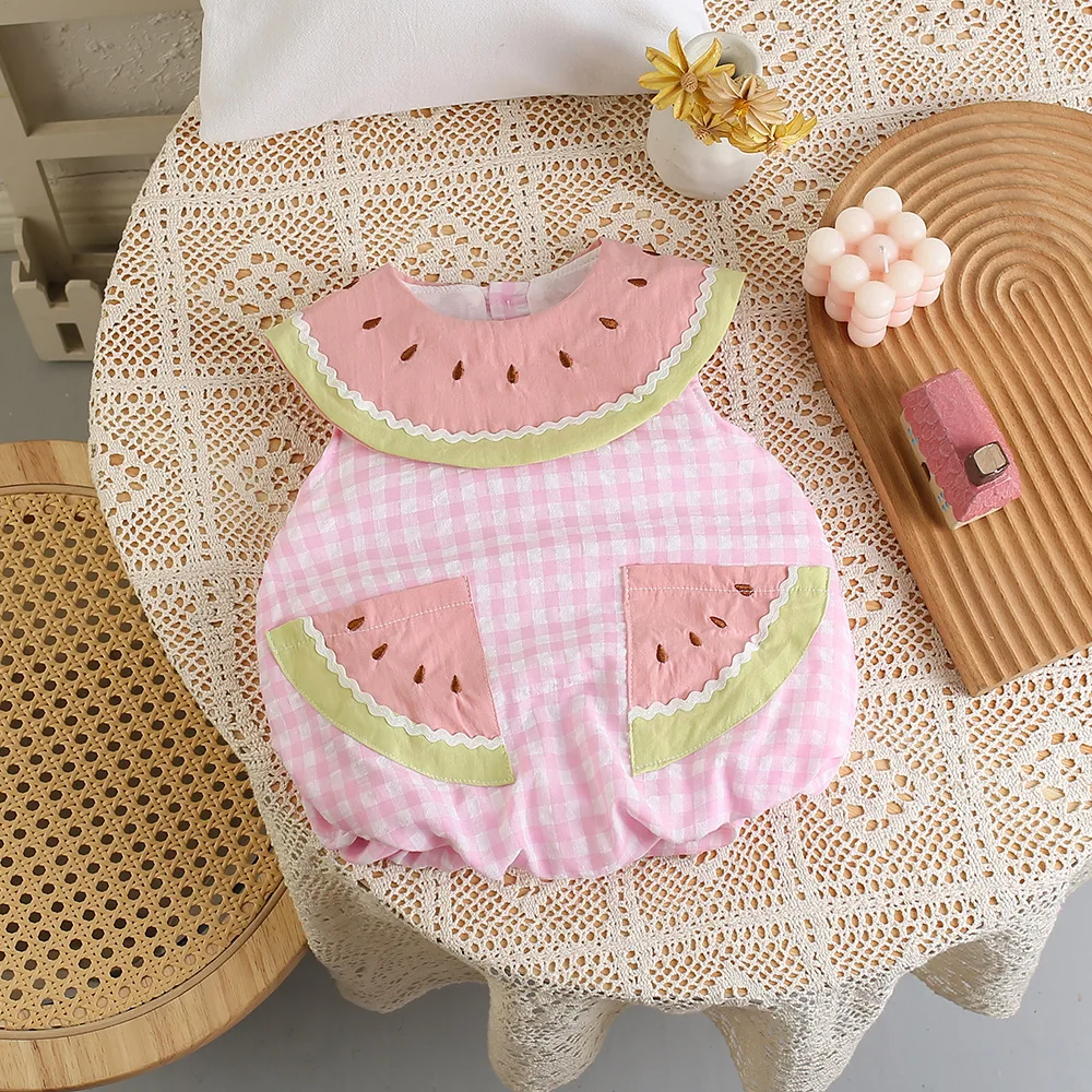 

Summer Baby Bodysuit 3-24M Sweet Watermelon Girls One Piece Thin Breathable Toddler Clothes Grid Infant Jumpsuit