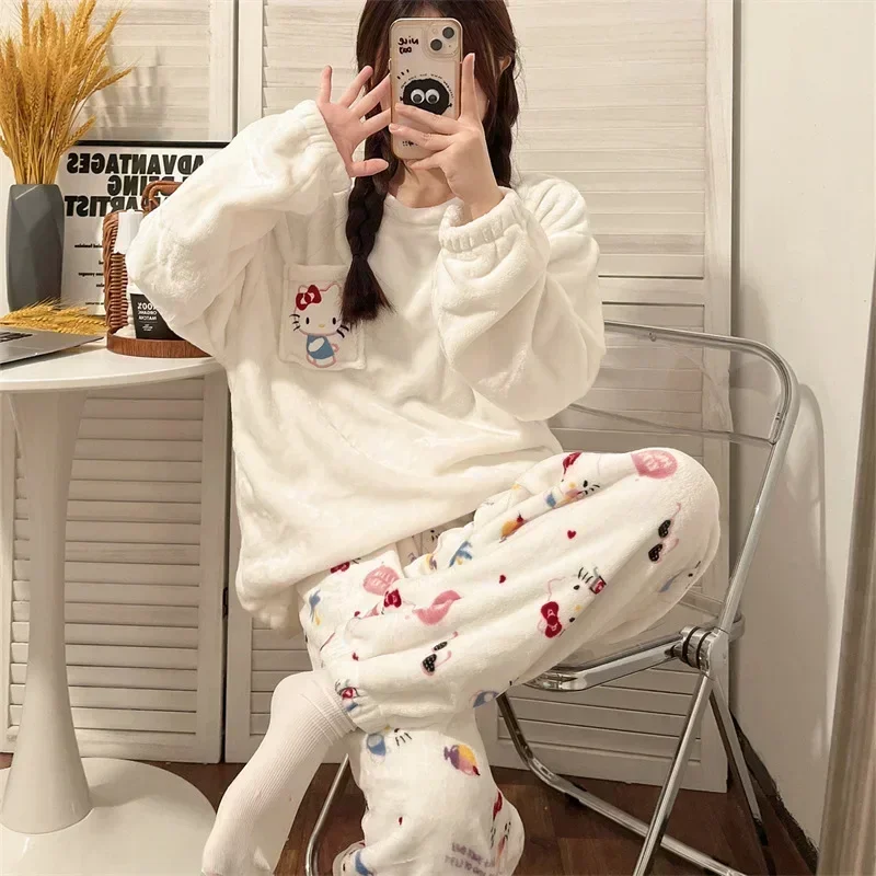 New Sanrio Hello Kitty Cartoon Girls Kawaii Pajamas Flannel Winter and Autumn Plus Velvet Thickened Home Warm Sportswear Gift