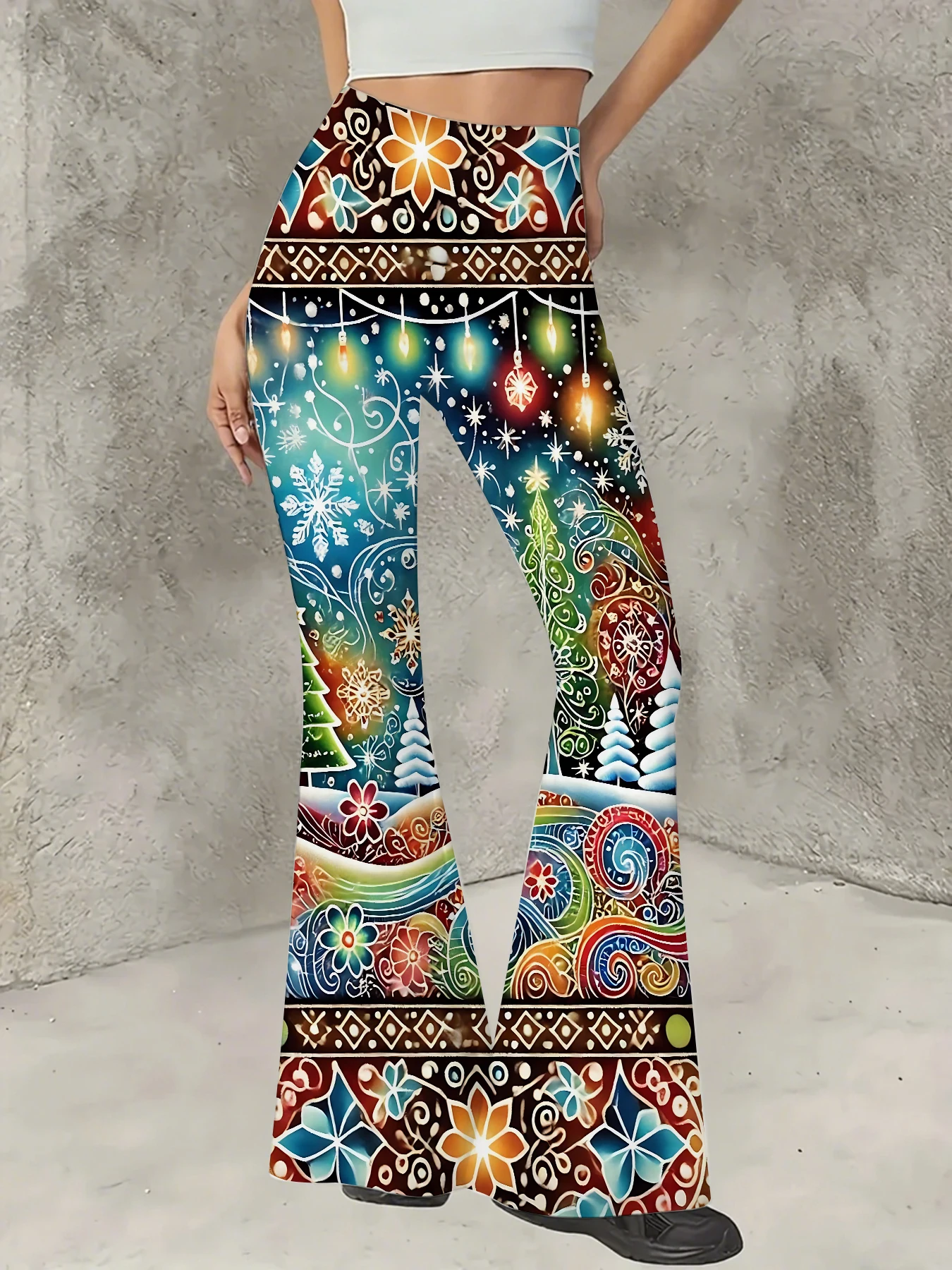 

Plus Size All-Over Print Flare Pants Women Stretchy High Waist Bell Bottom