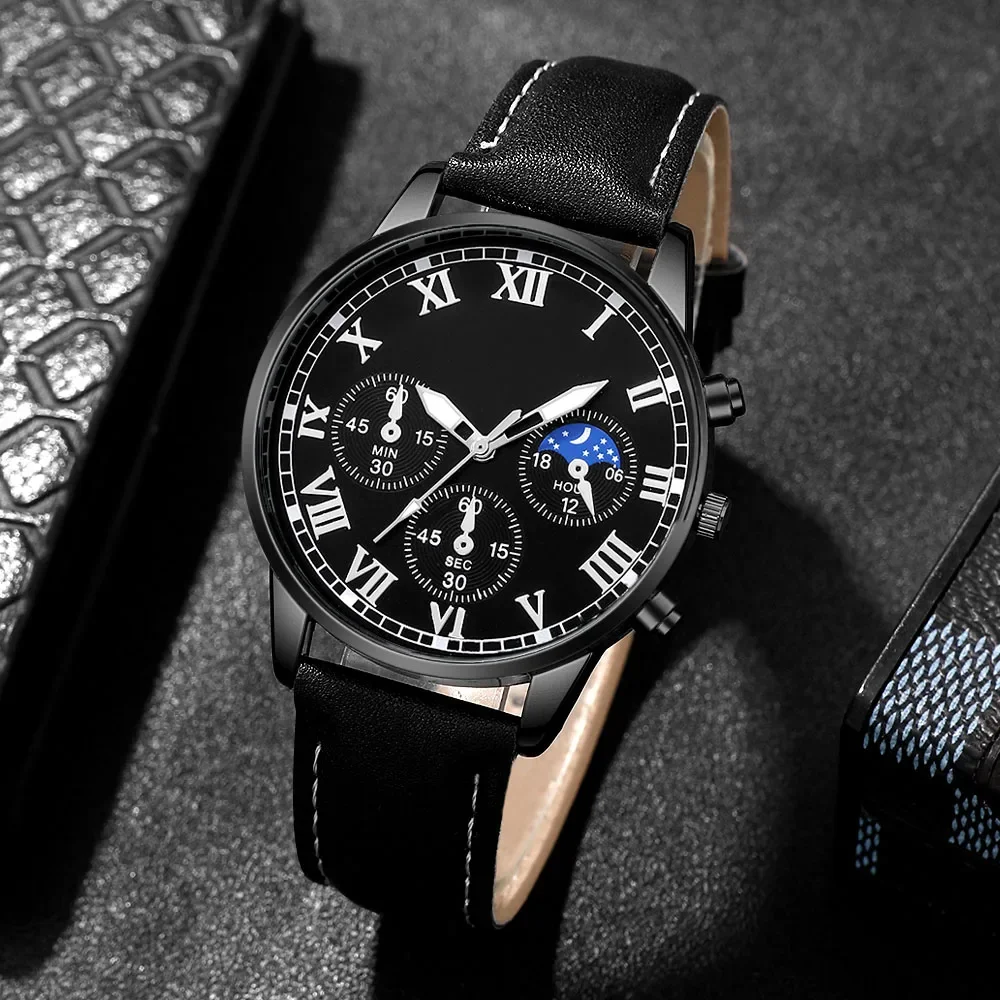 4Pcs Men Watch Jewelry Set Quartz Wristwatch PU Leather Band Bracelet Ring Necklace Gift Box