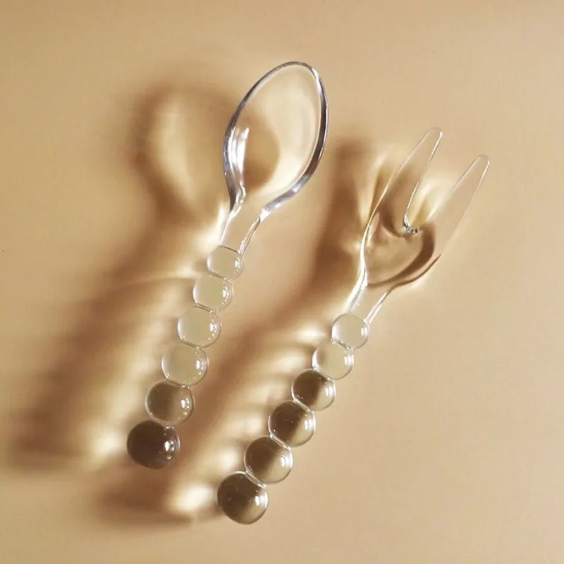 1pc Vintage Glass Bead Pastry Tableware Spoon Fork Creative Glass Spoon Home Dessert Eating Decor Cutlery Set