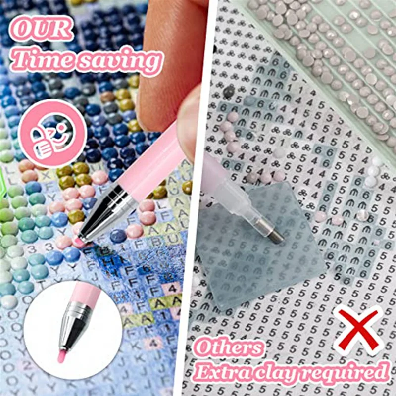 BFYL-34 Buah Kit Pena Lukisan Berlian, 2 Buah Pena Lilin Isi Ulang dengan 32 Buah Lilin, Pena Bor Titik Lem Putar (Merah Muda & Putih)