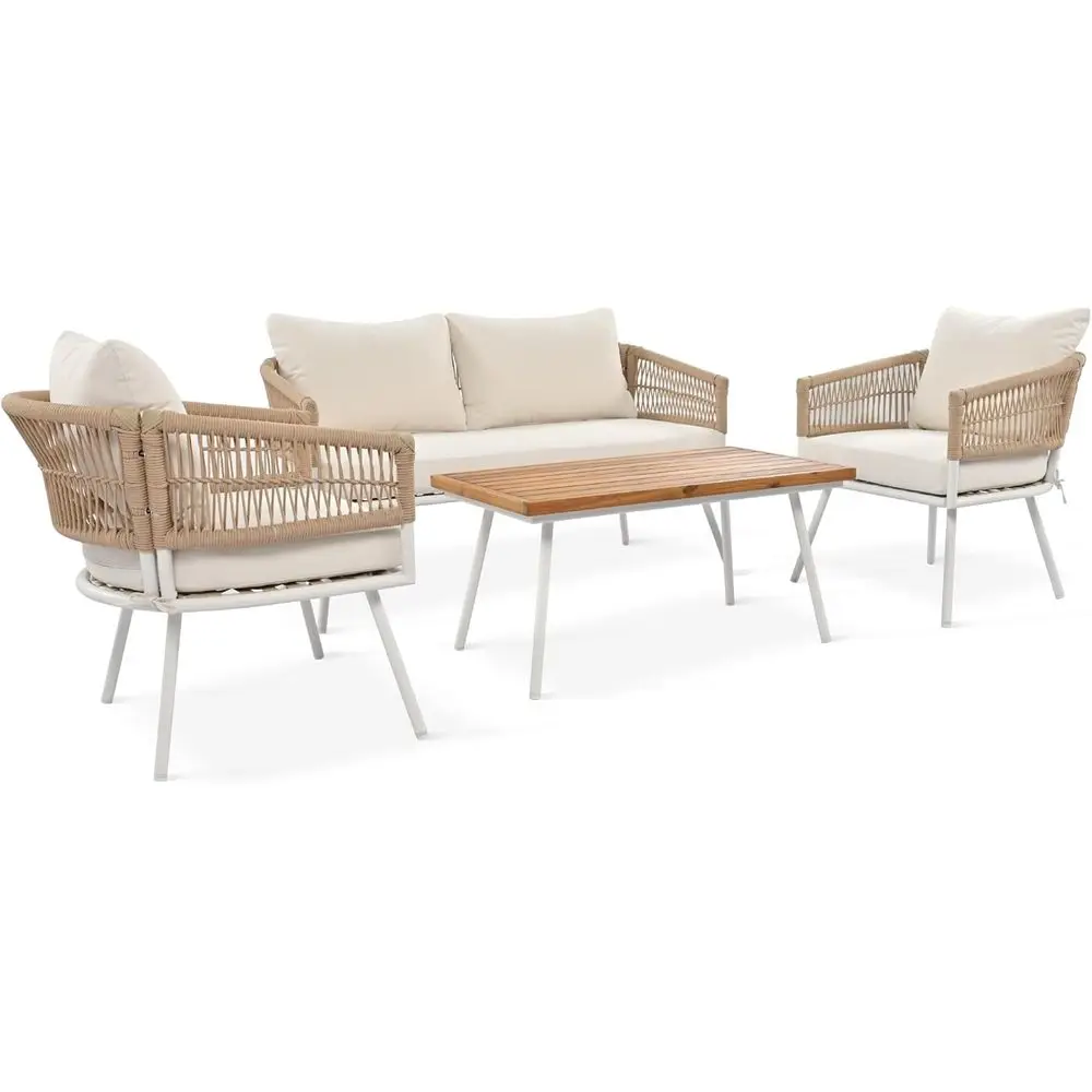 4-Piece Rope Outdoor urniture Set - Patio Contion Soa Set with Acacia Wood Table, Metal urniture with Deep Seating & Thick Cushi