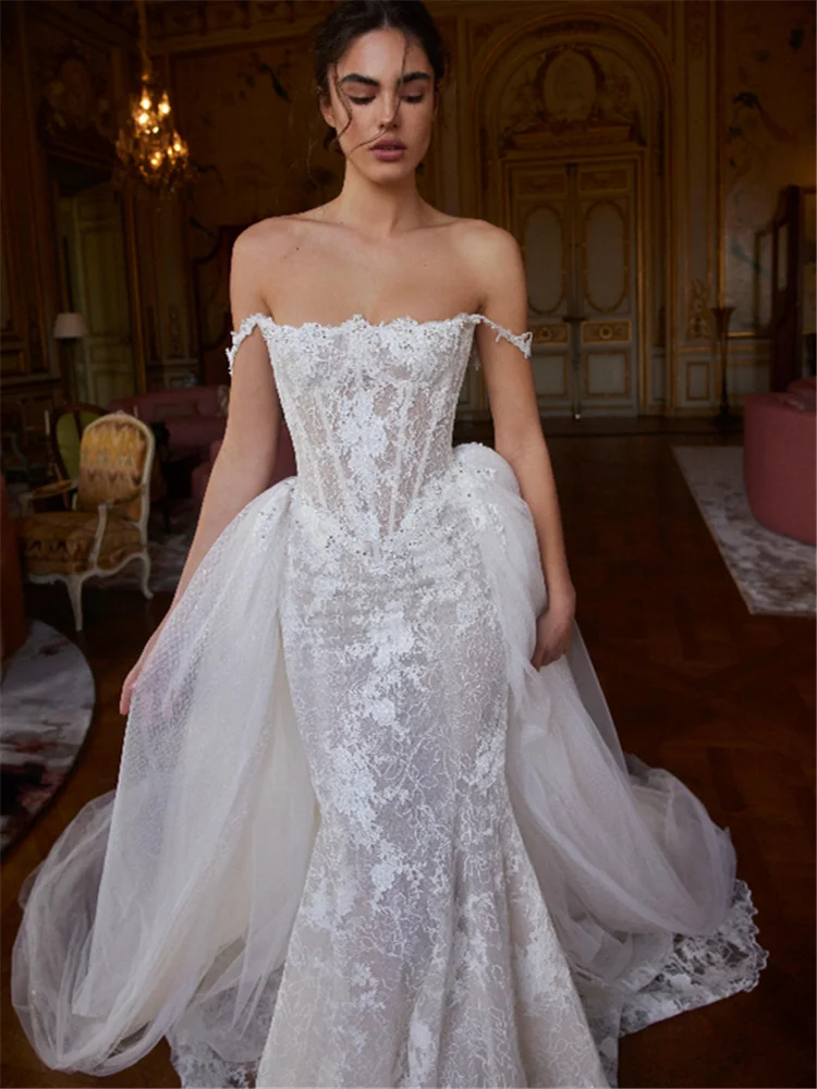 Vestido De Noiva Sereia ชุดแต่งงานลูกไม้ Novia Falda Desmontable Vestidos Curvy Off ไหล่รัดตัว Novias เจ้าสาว Brautkleid