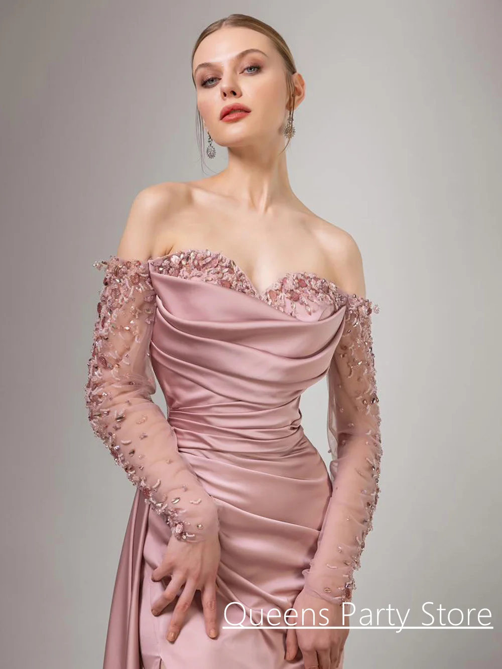 Pink Evening Dress Customized Long Sleeves Sweetheart Beading Sequin Pleat High Slit Satin Mermaid Prom Gown Party Dresses