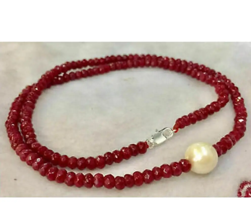 

9-10mm White Freshwater Pearl & 2x4mm Red Ruby Faceted abacus Necklace 18inchAAA