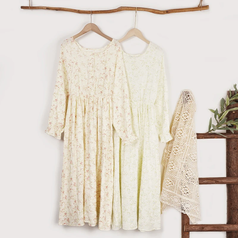 

Casual Muslin 100% Cotton Gauze Dress Women Long Sleeve Button Up Print Flower Loose Comfortable Soft Homewear Outfits Vestidos