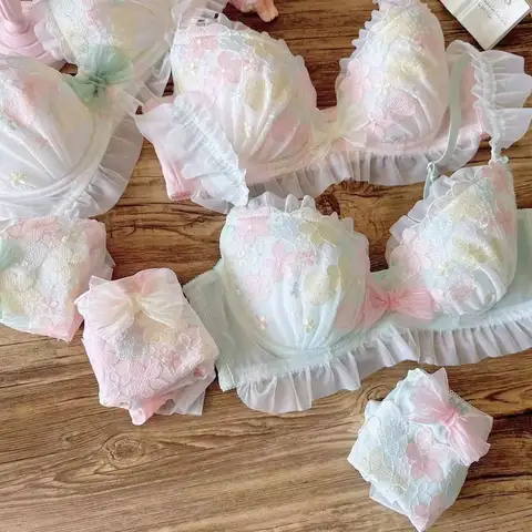일본 귀여운 울트라 얇은 컵 아름다운 해바라기 자수 대학생 소녀 푸시 업 브래지어 세트 70 75 80 85 90 B C D E F